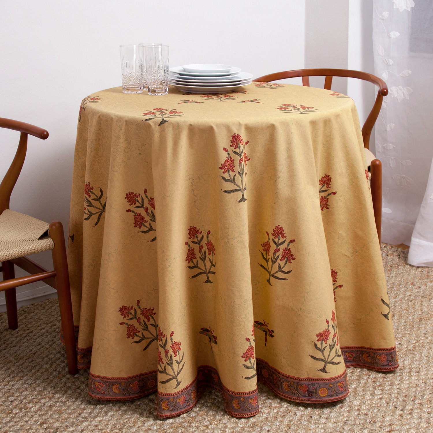Mustard Yellow Round Tablecloth Dragonfly, Floral Block Print